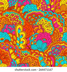 Hand drawn seamless pattern with floral elements. Colorful background. Pattern can be used for fabric, wallpaper or wrapping.