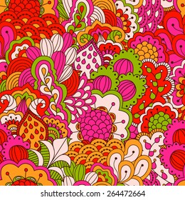 Hand drawn seamless pattern with floral elements. Colorful background. Pattern can be used for fabric, wallpaper or wrapping. 
