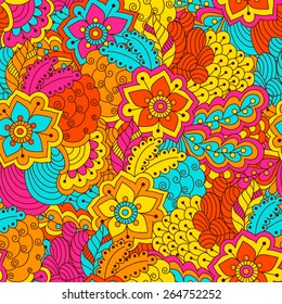 Hand drawn seamless pattern with floral elements. Colorful background. Pattern can be used for fabric, wallpaper or wrapping.