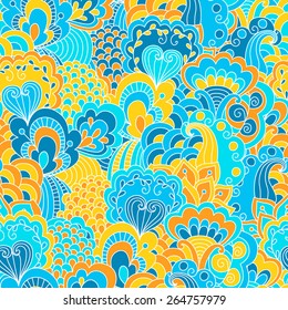 Hand drawn seamless pattern with floral elements. Colorful background. Pattern can be used for fabric, wallpaper or wrapping.
