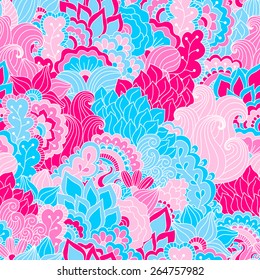 Hand drawn seamless pattern with floral elements. Colorful background. Pattern can be used for fabric, wallpaper or wrapping.
