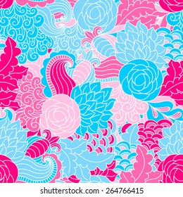 Hand drawn seamless pattern with floral elements. Colorful background. Pattern can be used for fabric, wallpaper or wrapping.
