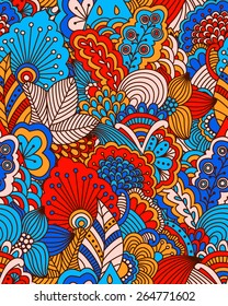 Hand drawn seamless pattern with floral elements. Colorful background. Pattern can be used for fabric, wallpaper or wrapping.