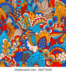 Hand drawn seamless pattern with floral elements. Colorful background. Pattern can be used for fabric, wallpaper or wrapping.