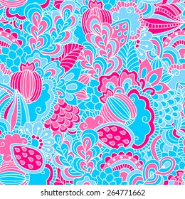 Hand drawn seamless pattern with floral elements. Colorful background. Pattern can be used for fabric, wallpaper or wrapping.