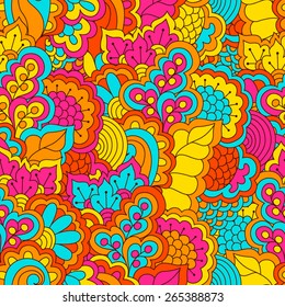 Hand drawn seamless pattern with floral elements. Colorful background. Pattern can be used for fabric, wallpaper or wrapping.