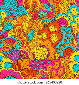 Hand drawn seamless pattern with floral elements. Colorful background. Pattern can be used for fabric, wallpaper or wrapping.