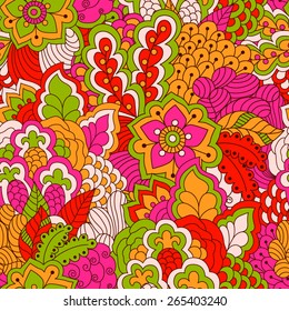 Hand drawn seamless pattern with floral elements. Colorful background. Pattern can be used for fabric, wallpaper or wrapping.