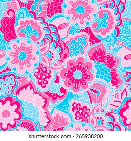 Hand drawn seamless pattern with floral elements. Colorful background. Pattern can be used for fabric, wallpaper or wrapping.