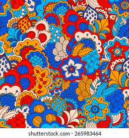Hand drawn seamless pattern with floral elements. Colorful background. Pattern can be used for fabric, wallpaper or wrapping.
