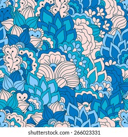 Hand drawn seamless pattern with floral elements. Colorful background. Pattern can be used for fabric, wallpaper or wrapping.
