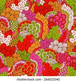 Hand drawn seamless pattern with floral elements. Colorful background. Pattern can be used for fabric, wallpaper or wrapping.
