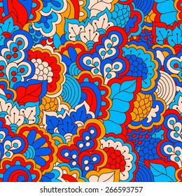 Hand drawn seamless pattern with floral elements. Colorful background. Pattern can be used for fabric, wallpaper or wrapping.