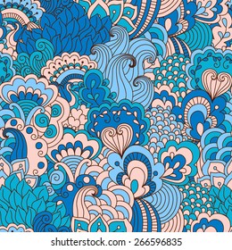 Hand drawn seamless pattern with floral elements. Colorful background. Pattern can be used for fabric, wallpaper or wrapping.