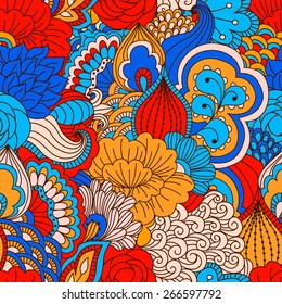 Hand drawn seamless pattern with floral elements. Colorful background. Pattern can be used for fabric, wallpaper or wrapping.