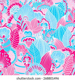 Hand drawn seamless pattern with floral elements. Colorful background. Pattern can be used for fabric, wallpaper or wrapping.