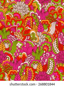 Hand drawn seamless pattern with floral elements. Colorful background. Pattern can be used for fabric, wallpaper or wrapping.