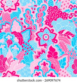 Hand drawn seamless pattern with floral elements. Colorful background. Pattern can be used for fabric, wallpaper or wrapping.