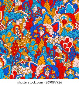 Hand drawn seamless pattern with floral elements. Colorful background. Pattern can be used for fabric, wallpaper or wrapping.