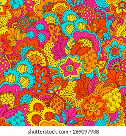 Hand drawn seamless pattern with floral elements. Colorful background. Pattern can be used for fabric, wallpaper or wrapping.