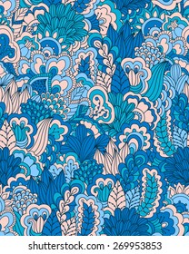 Hand drawn seamless pattern with floral elements. Colorful background. Pattern can be used for fabric, wallpaper or wrapping.