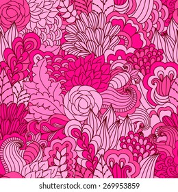 Hand drawn seamless pattern with floral elements. Colorful background. Pattern can be used for fabric, wallpaper or wrapping.