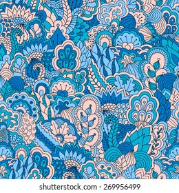 Hand drawn seamless pattern with floral elements. Colorful background. Pattern can be used for fabric, wallpaper or wrapping.