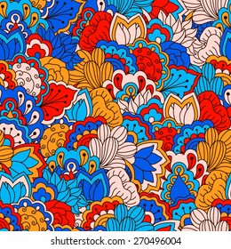 Hand drawn seamless pattern with floral elements. Colorful background. Pattern can be used for fabric, wallpaper or wrapping.