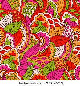 Hand drawn seamless pattern with floral elements. Colorful background. Pattern can be used for fabric, wallpaper or wrapping.