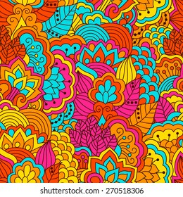 Hand drawn seamless pattern with floral elements. Colorful background. Pattern can be used for fabric, wallpaper or wrapping.