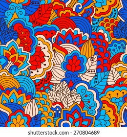 Hand drawn seamless pattern with floral elements. Colorful background. Pattern can be used for fabric, wallpaper or wrapping.