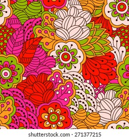Hand drawn seamless pattern with floral elements. Colorful background. Pattern can be used for fabric, wallpaper or wrapping.