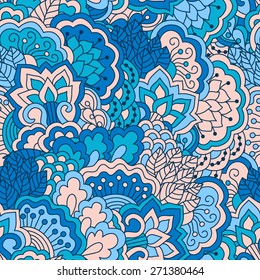 Hand drawn seamless pattern with floral elements. Colorful background. Pattern can be used for fabric, wallpaper or wrapping.