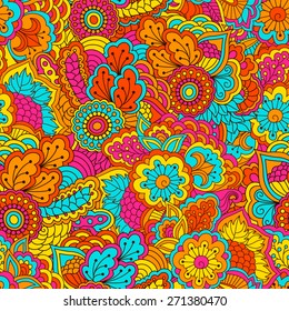 Hand drawn seamless pattern with floral elements. Colorful background. Pattern can be used for fabric, wallpaper or wrapping.
