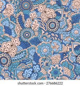 Hand drawn seamless pattern with floral elements. Colorful background. Pattern can be used for fabric, wallpaper or wrapping.
