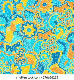 Hand drawn seamless pattern with floral elements. Colorful background. Pattern can be used for fabric, wallpaper or wrapping.
