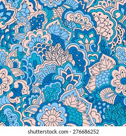 Hand drawn seamless pattern with floral elements. Colorful background. Pattern can be used for fabric, wallpaper or wrapping.
