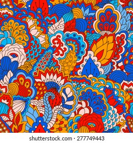 Hand drawn seamless pattern with floral elements. Colorful background. Pattern can be used for fabric, wallpaper or wrapping.