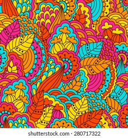 Hand drawn seamless pattern with floral elements. Colorful background. Pattern can be used for fabric, wallpaper or wrapping. 