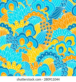 Hand drawn seamless pattern with floral elements. Colorful background. Pattern can be used for fabric, wallpaper or wrapping.