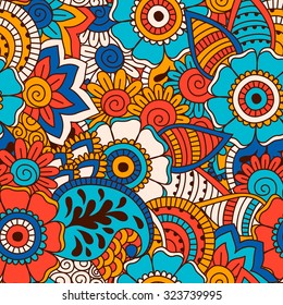 Hand drawn seamless pattern with floral elements. Colorful ethnic background. Pattern can be used for fabric, wallpaper or wrapping.