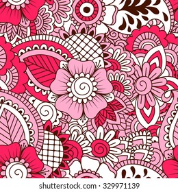 Hand drawn seamless pattern with floral elements. Colorful ethnic background. Pattern can be used for fabric, wallpaper or wrapping