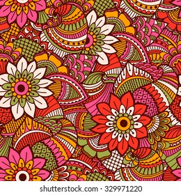 Hand drawn seamless pattern with floral elements. Colorful ethnic background. Pattern can be used for fabric, wallpaper or wrapping