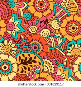 Hand drawn seamless pattern with floral elements. Colorful ethnic background. Pattern can be used for fabric, wallpaper or wrapping