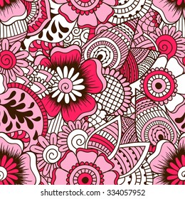 Hand drawn seamless pattern with floral elements. Colorful ethnic background. Pattern can be used for fabric, wallpaper or wrapping