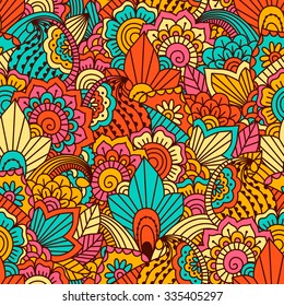 Hand drawn seamless pattern with floral elements. Colorful ethnic background. Pattern can be used for fabric, wallpaper or wrapping