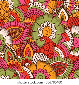 Hand drawn seamless pattern with floral elements. Colorful ethnic background. Pattern can be used for fabric, wallpaper or wrapping.