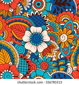 Hand drawn seamless pattern with floral elements. Colorful ethnic background. Pattern can be used for fabric, wallpaper or wrapping.