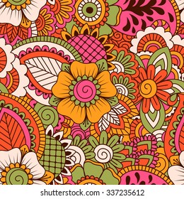 Hand drawn seamless pattern with floral elements. Colorful ethnic background. Pattern can be used for fabric, wallpaper or wrapping.