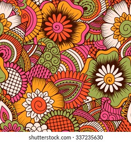 Hand drawn seamless pattern with floral elements. Colorful ethnic background. Pattern can be used for fabric, wallpaper or wrapping.